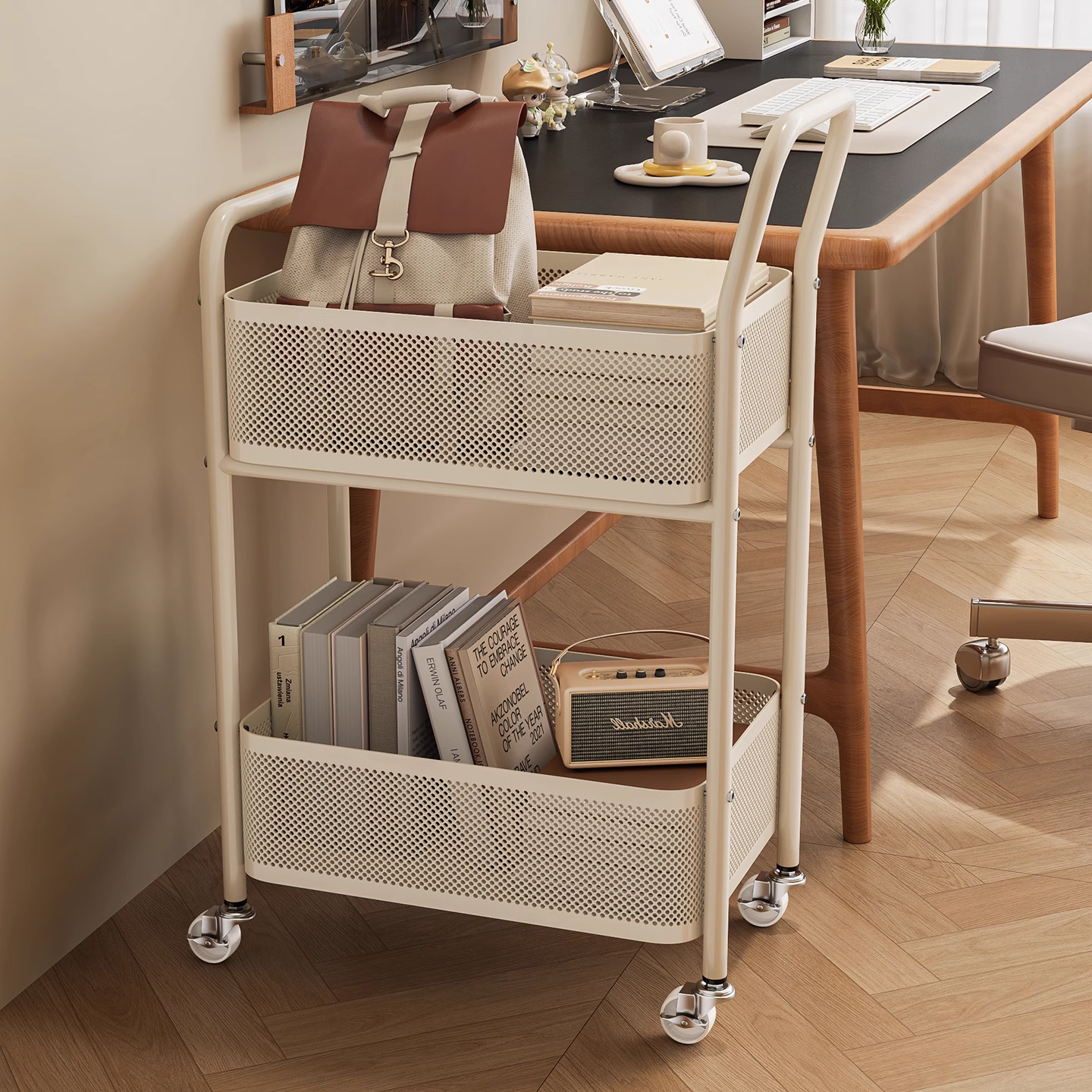 衣炫小推车置物架落地多层卧室书本书包书架移动婴儿玩具零食储收纳架 奶油白