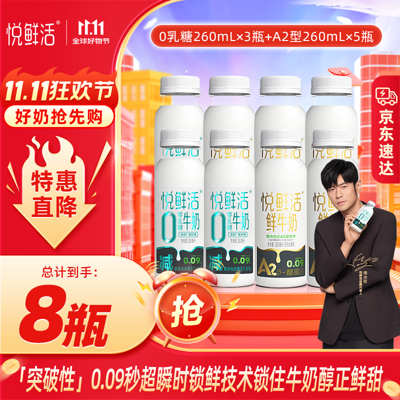 悦鲜活【爆款推荐】0乳糖牛奶 减碳水化合物37.5% 营养早餐牛奶 A2-260ml*5瓶+0乳糖260ml*3瓶