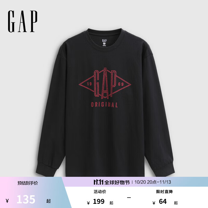 GAP男女装2025秋季新款印花logo纯棉宽松圆领长袖T恤上衣786879 黑色 L (175/96A)亚洲尺码
