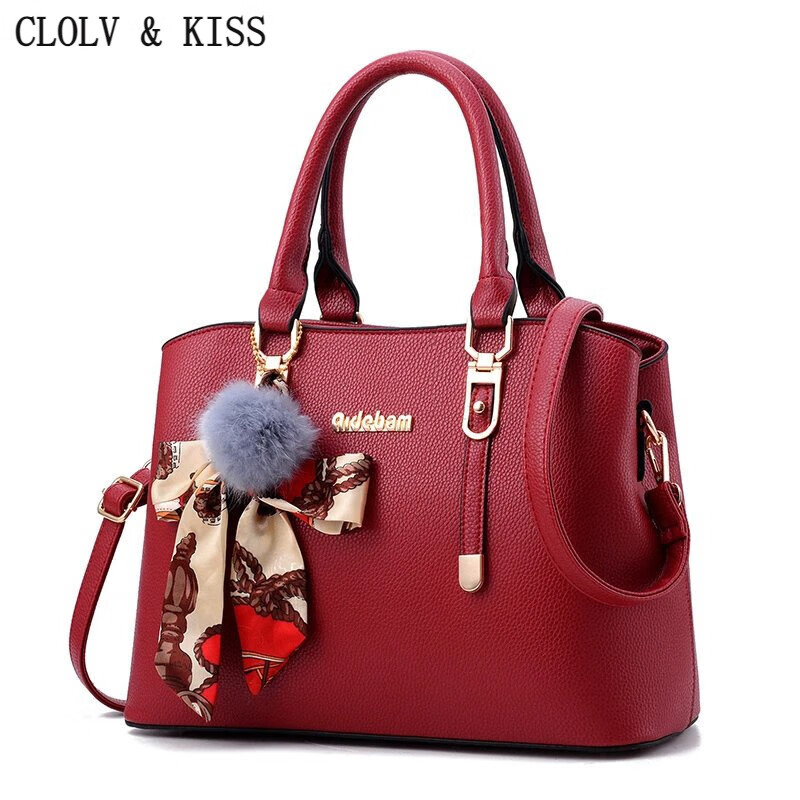 clolv kiss炫丽PU皮质感2024新款时尚单肩包斜挎包韩版手提包女士新款包包 酒红