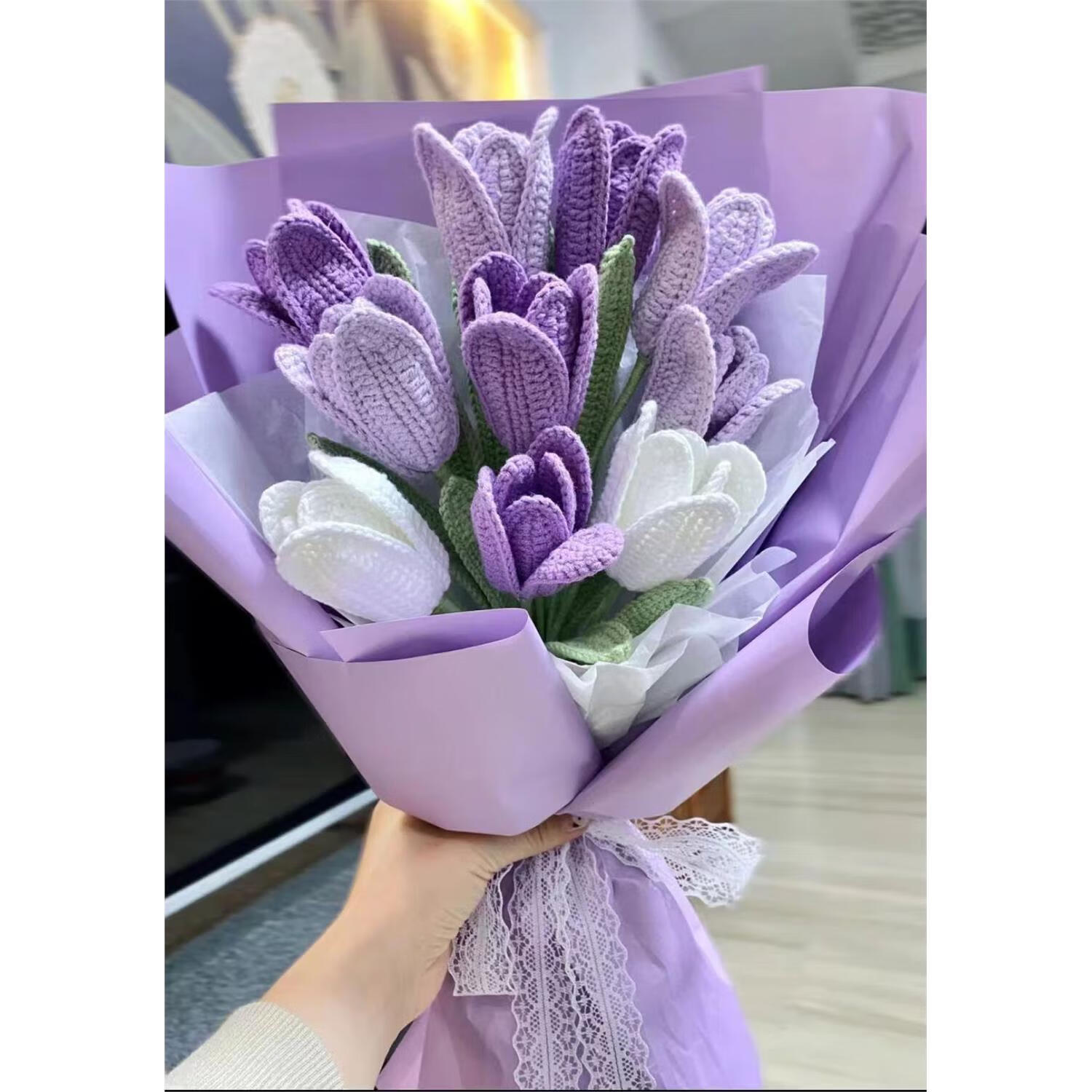 无聊解闷花束手工diy打发时间编织毛线郁金香材料包钩织手捧花送 紫色