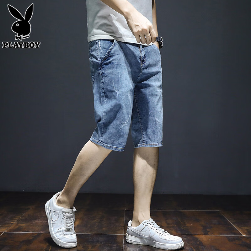 花花公子五分牛仔裤男士2024夏季薄款宽松直筒潮牌休闲蓝色短裤男