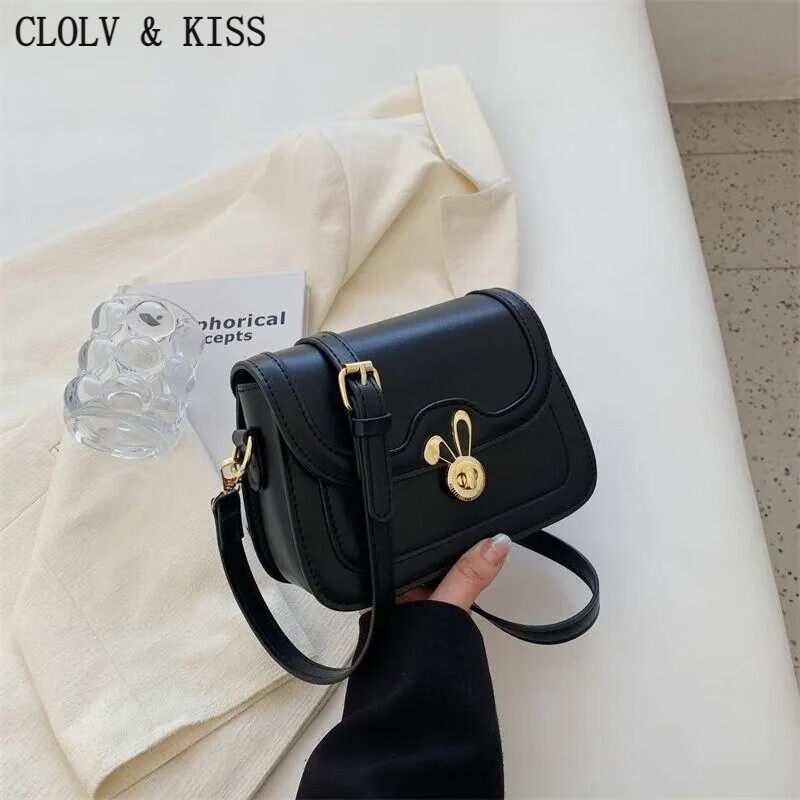 clolv kiss木口包包女2024年新款设计感小众斜挎包百搭简约感质感单肩包 黑色