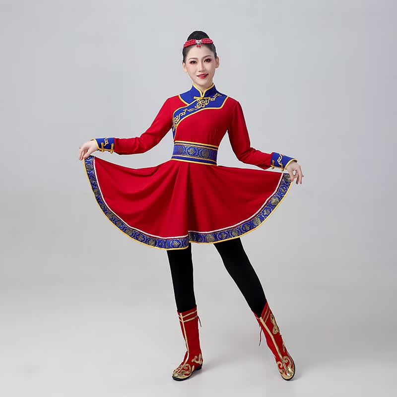 炫逐蒙古族服装女装演出服新款中国风民族舞蹈成人女蒙古舞台表演服 红色  头饰裙子腰带 S