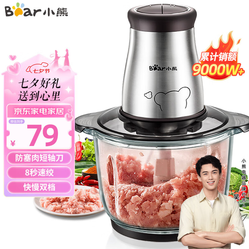 小熊（Bear）绞肉机家用 绞馅机 碎肉机 电动多功能料理搅拌打肉饺子肉馅蒜蓉机不锈钢 搅肉机QSJ-B03E1 2L