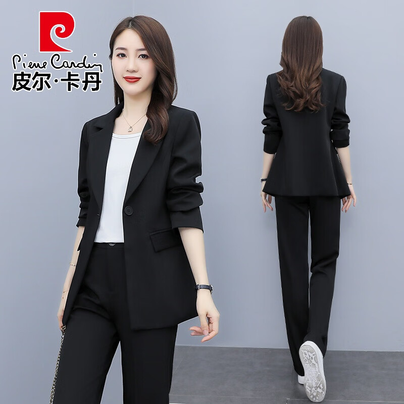 皮尔卡丹2025春秋季套装炸街职业西装女休闲英伦风韩版时尚阔腿裤西服外套 黑色一?？凵弦?裤子 L 115-125斤
