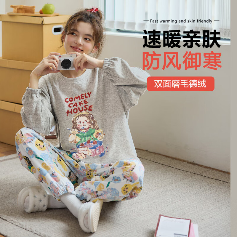 迷曼魅磨毛德绒睡衣女款秋冬季保暖加厚薄绒可爱卡通少女长袖家居服套装 Y-722 M