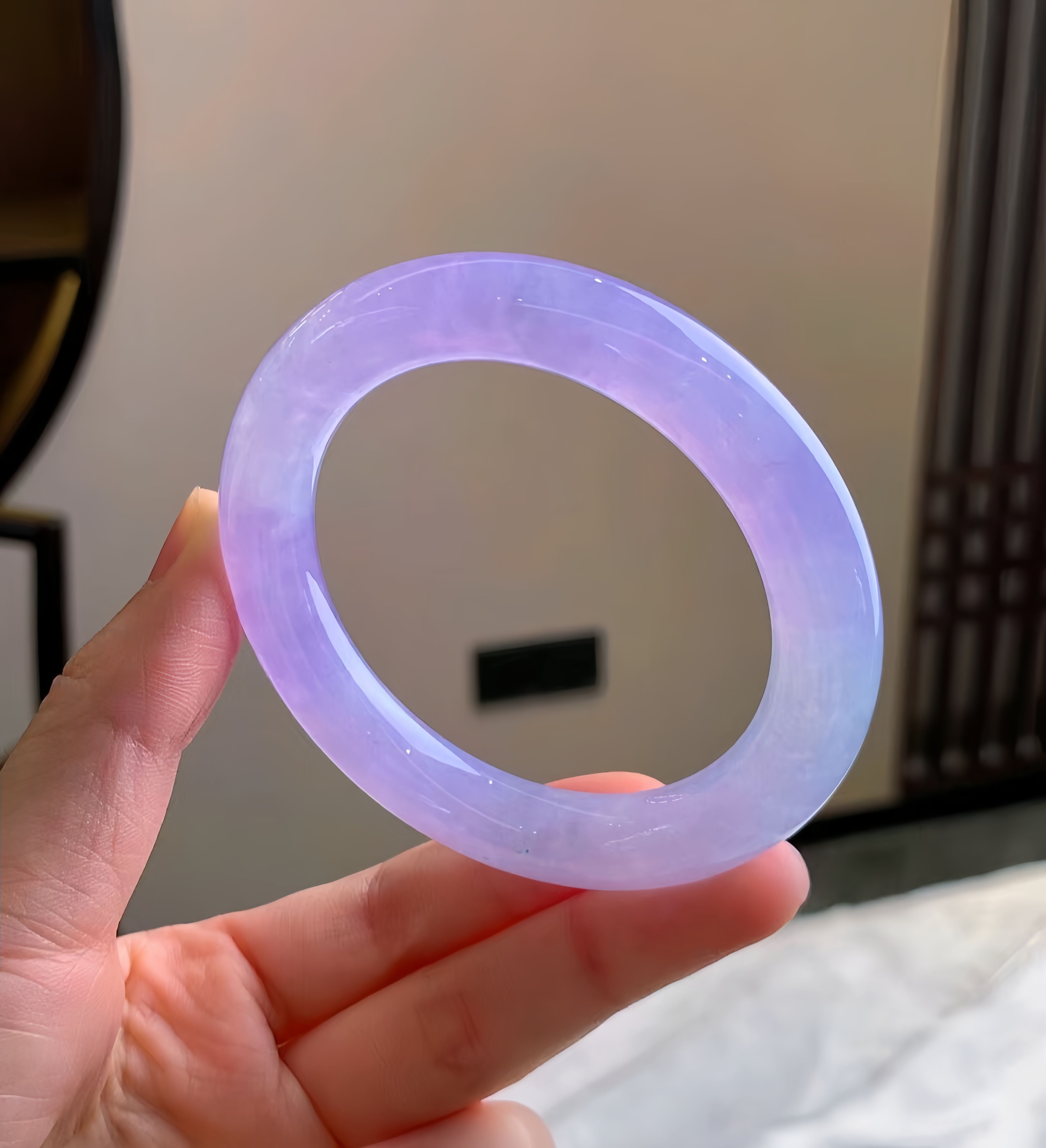 ovozi翡翠手镯冰种64圈高冰种紫罗兰翡翠手镯缅甸a货淡紫正圈