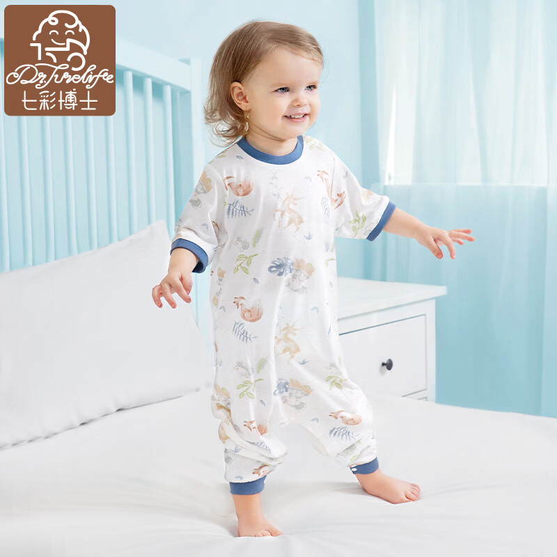 七彩博士婴儿睡袋春夏款宝宝睡衣薄款防踢被神器棉儿童睡袍裙连体衣四季 短袖狐狸小象（竹棉） 80cm 【推荐身高73-80CM】
