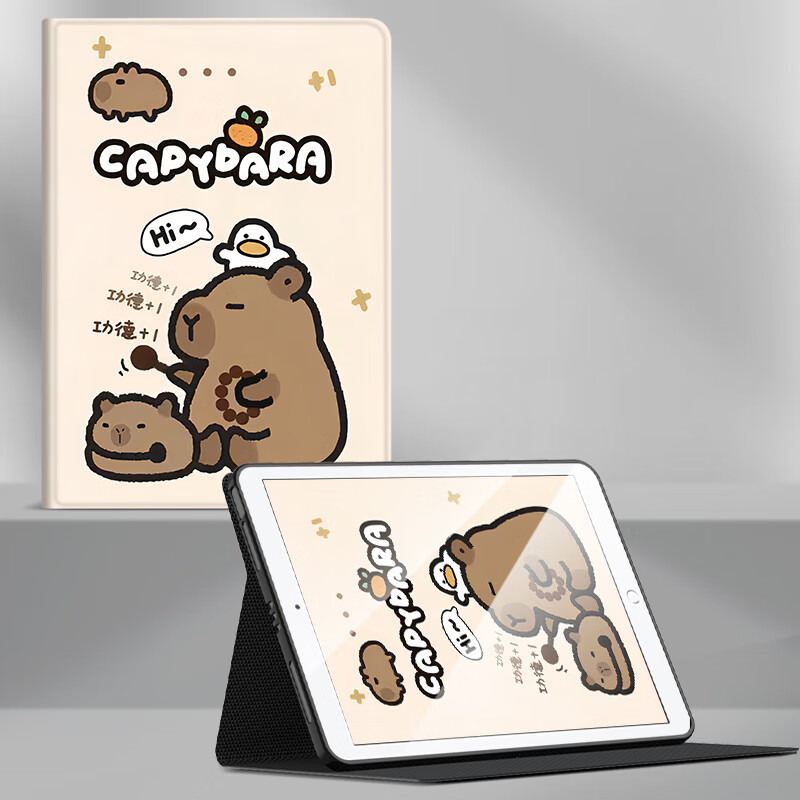 日美新ipad苹果适用2022卡皮巴拉102英寸9平板保护套带笔槽matepad11华为荣耀v7m6vivo联想小新oppopad小 书本木鱼水豚 iPad 2019/2020/2021(10.2