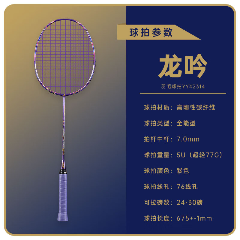 匹克匹克全碳素纤维羽毛球拍5U超轻进攻型专业男女学生高弹力耐打单拍 国潮龙吟5U紫色-单拍 25磅(业余初级)