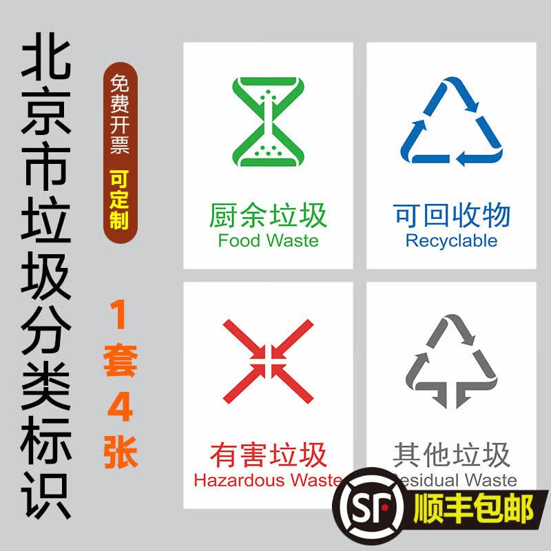 北京市垃圾分类白底简易版 1套4张(pp背胶) 15x20cm