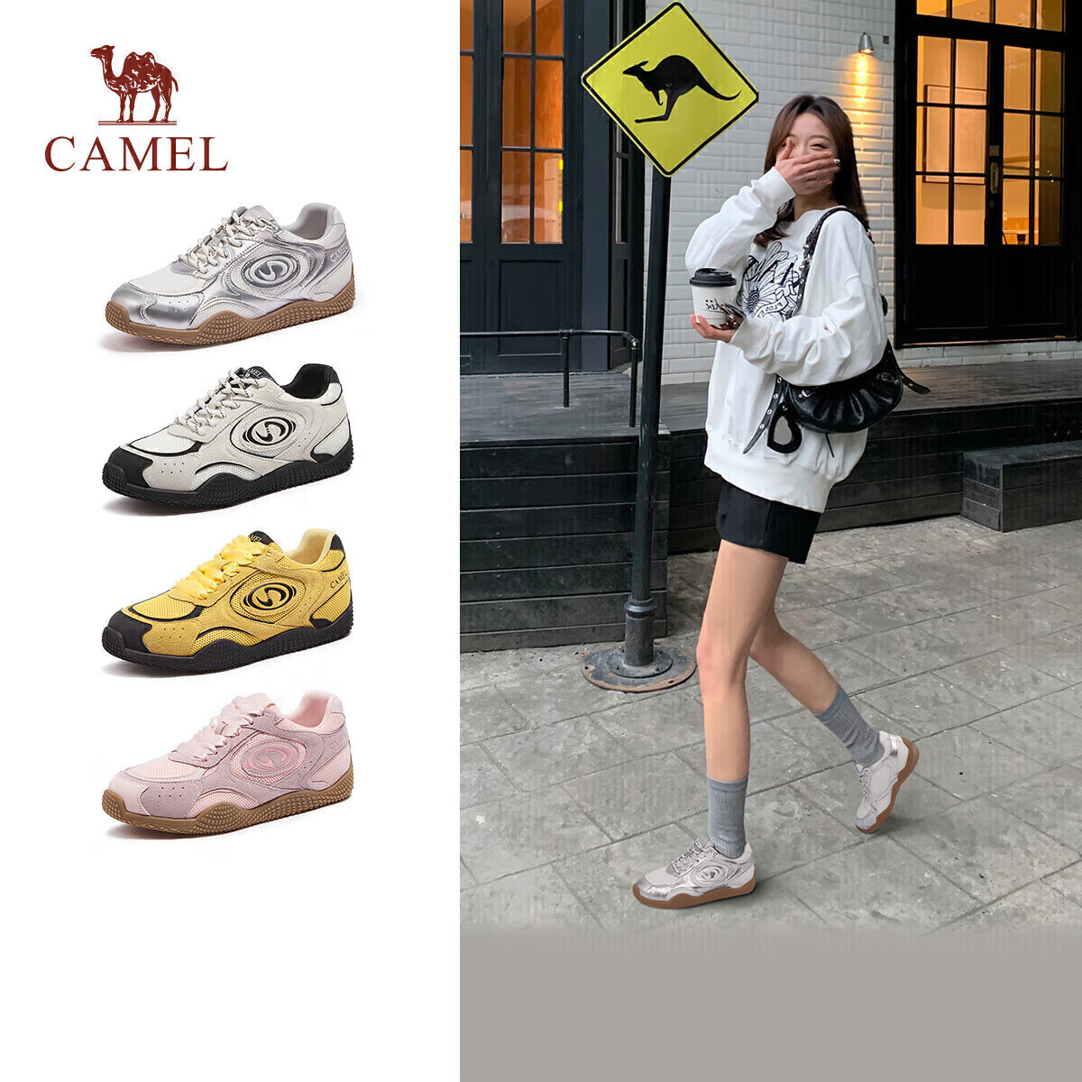 骆驼（CAMEL）月牙德训鞋女运动百搭板鞋网面复古休闲鞋 L25S577059A 白/银 36