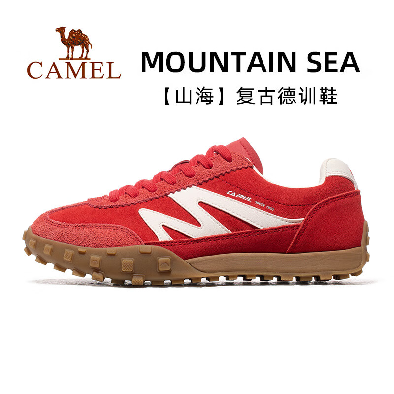 骆驼(CAMEL)情侣穿搭好物德训鞋山海红色黄色复古休闲运动男女防滑板鞋 7606B,正红/象牙白,女 38