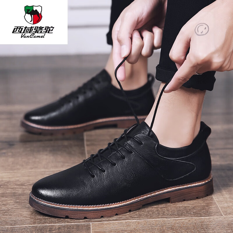 西域骆驼休闲皮鞋男青年英伦2024秋季新款男士商务增高男鞋软底马丁靴