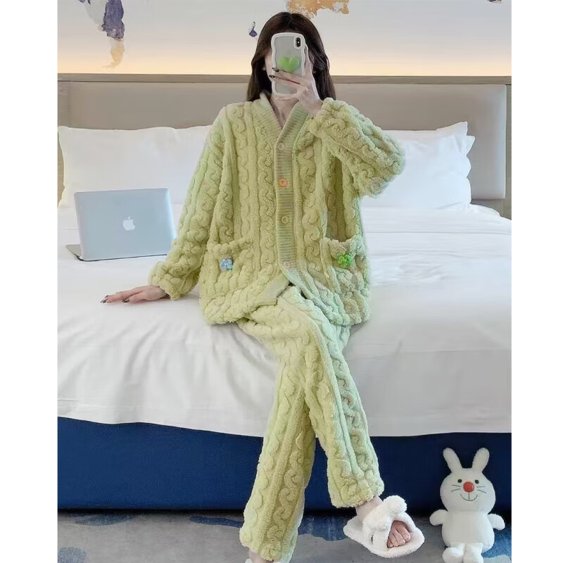 诗莉奥(SHILIAO)冬季加厚珊瑚绒毛毛睡衣女可外穿开衫两件套装纯 绿色小花 均码