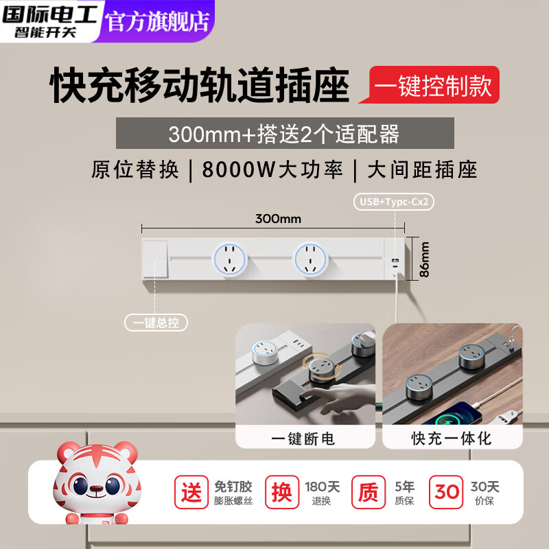 国际电工快充轨道插座带开关总控可移动餐边柜滑轨插排厨房电力导轨usb-c 带总控-30厘米轨道白+2个大五孔+快充一体U/C