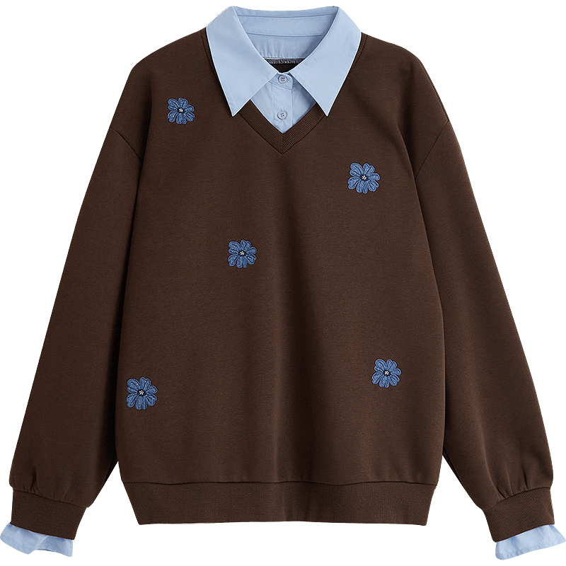 初語(yǔ)假兩件襯衫拼接衛(wèi)衣女2025秋季新款智性風(fēng)設(shè)計(jì)感花卉刺繡上衣情侶 深咖色L和XL預(yù)售11-11 M