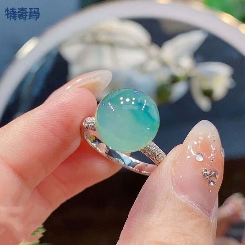 特奇玛冰种老坑玉髓飘花圆珠戒指女925银镶嵌高贵大气开口调节指环