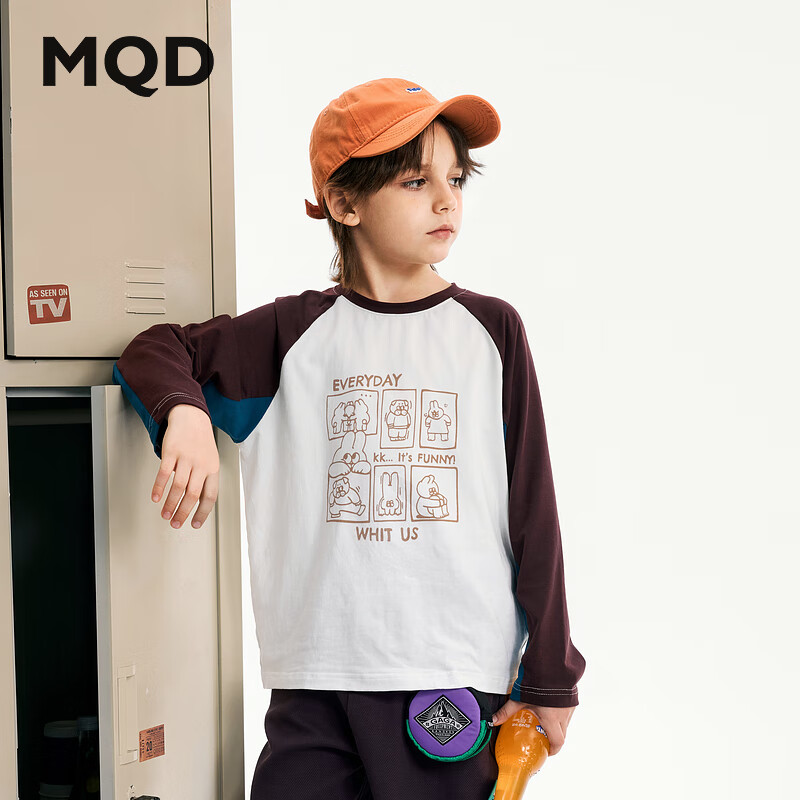 马骑顿（MQD）MQD男大童秋季潮酷休闲学院风插肩袖字母圆领T恤 本白 120