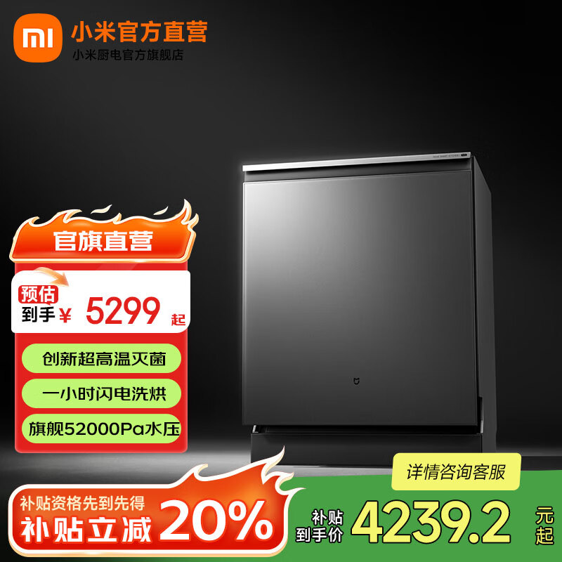米家小米洗碗机18套P20 嵌入式洗碗机免水洗单消毒单烘干洗消存一体机135℃热风烘干智能识污 米家嵌入式洗碗机18套P20