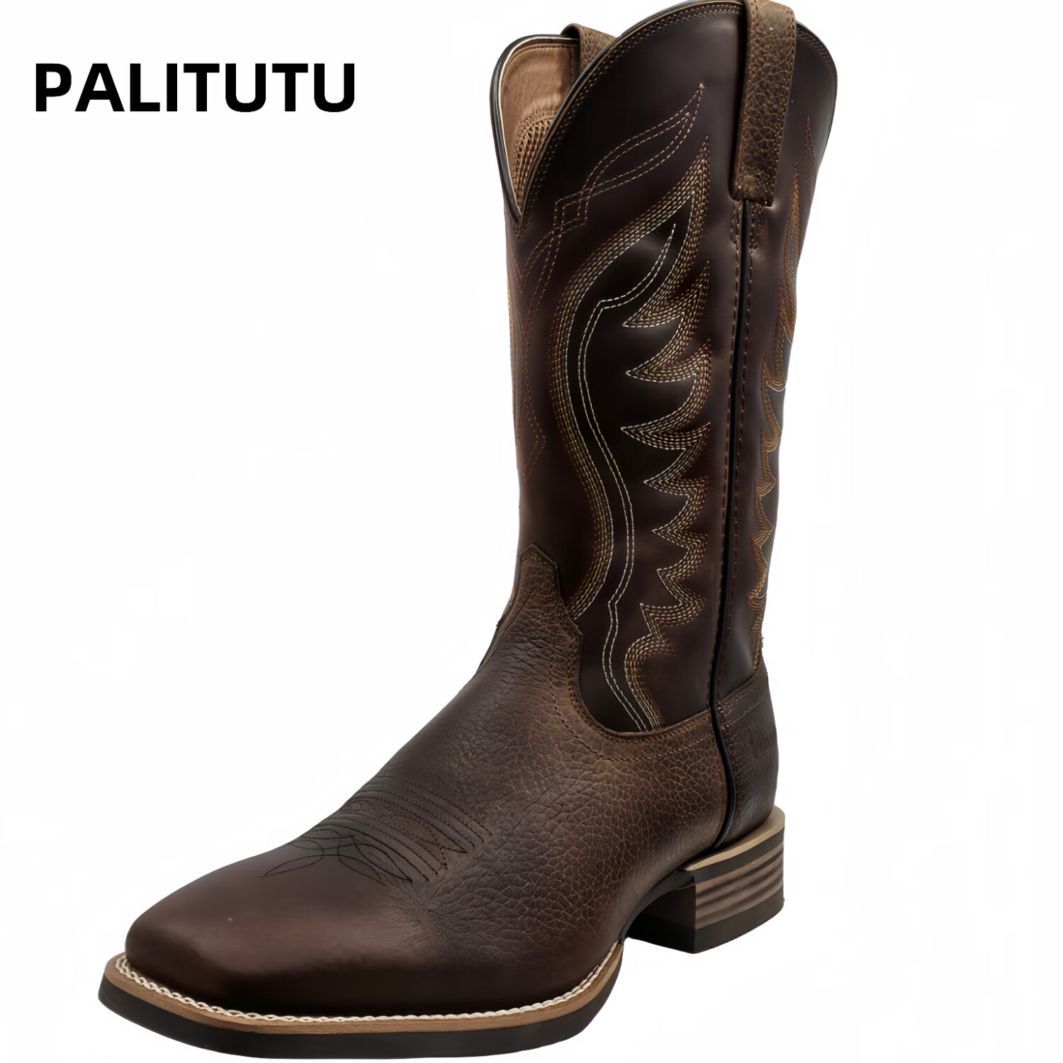 palitutu男士方头骑士鞋欧美西部牛仔靴耐磨马靴中筒切尔西靴复古马丁