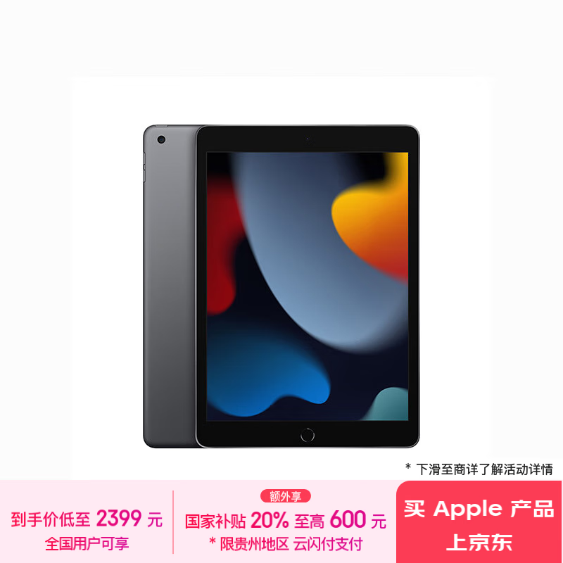 Apple/苹果 iPad(第9代)10.2英寸平板电脑 2021年款(256GB WLAN版/MK2N3CH/A)深空灰色