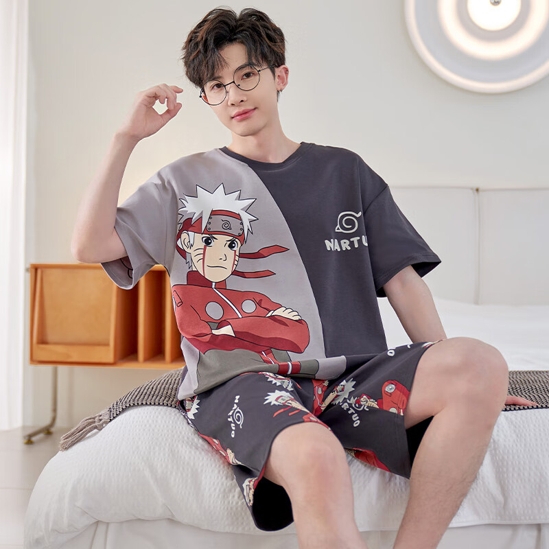 萧淑妃夏季休闲可外穿纯棉短袖短裤睡衣原创卡通青年男士学生家居服套装 鸣人 L