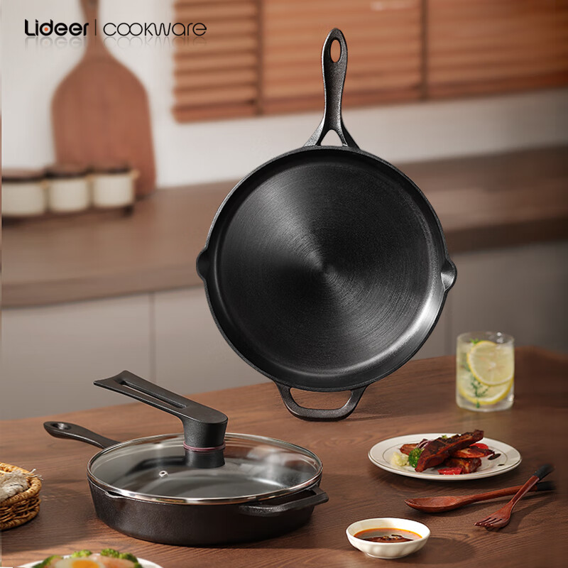 LIDEER COOKWARE铸铁平底锅牛排锅无涂层家用牛排煎锅烙饼锅电磁炉煎牛排铁锅煎蛋 30cm-平底煎锅