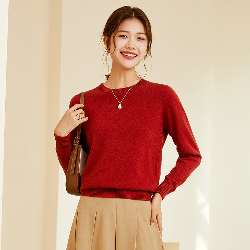 恒源祥圆领针织衫女纯羊毛衫秋冬纯色套头保暖简约内搭上衣打底女装毛衣 圆领+豆沙红 XL /175/96A