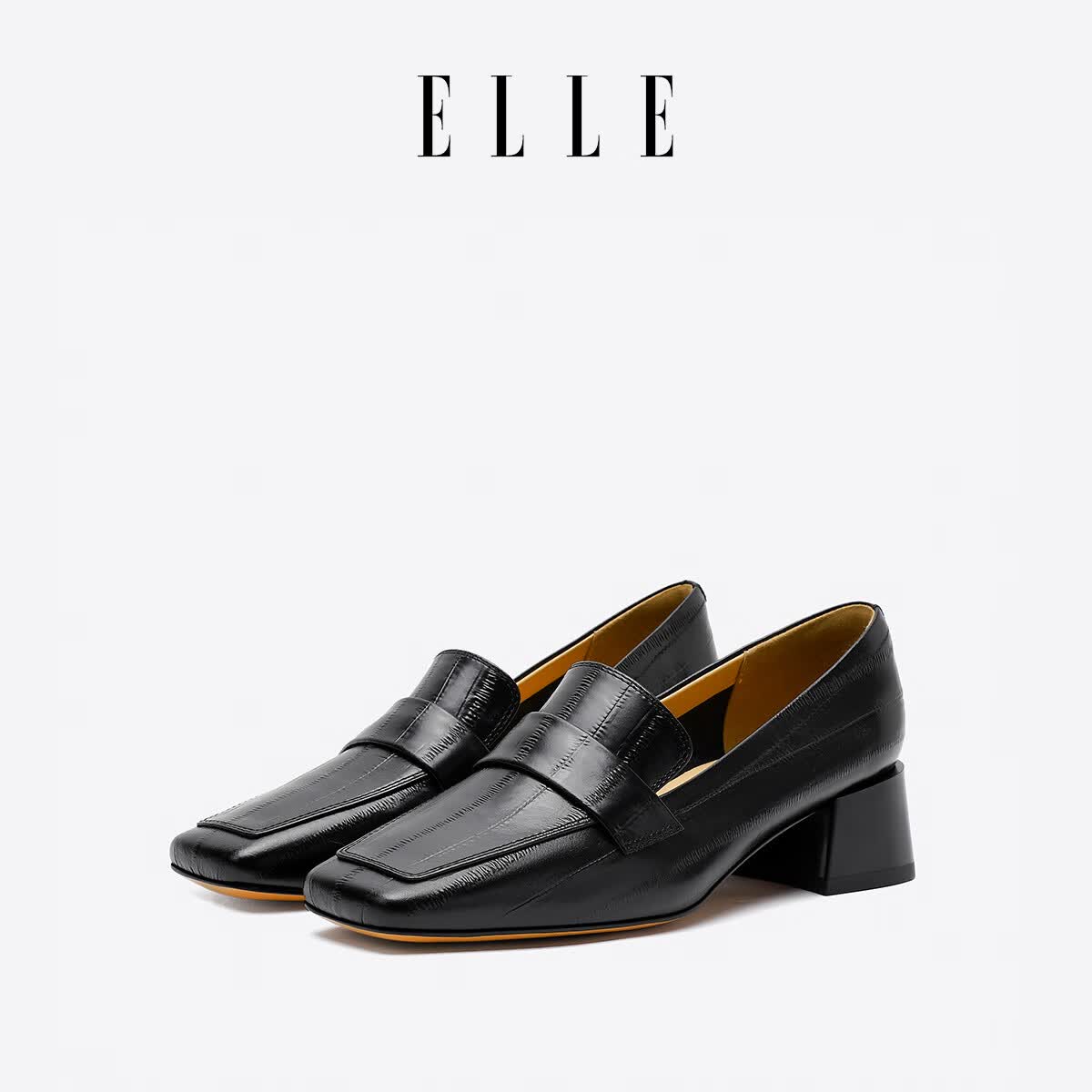 ELLE官方乐福鞋女鞋新款高跟鞋女方头单鞋粗跟鞋子工作鞋 黑色 4cm 39 (245mm) 标准码