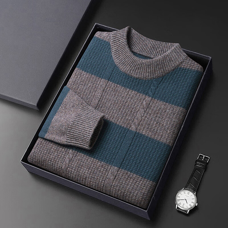 鹿王（KING DEER）純山羊絨衫男士圓領(lǐng)條紋中年羊毛衫冬季加厚毛衣男 煙雨灰 L 170120-140斤