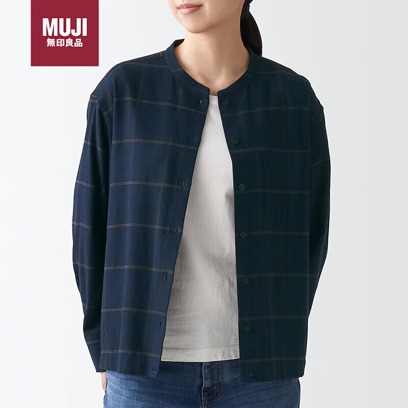 无印良品（MUJI）女式 法兰绒 立领衬衫 深海军蓝X格子 M 