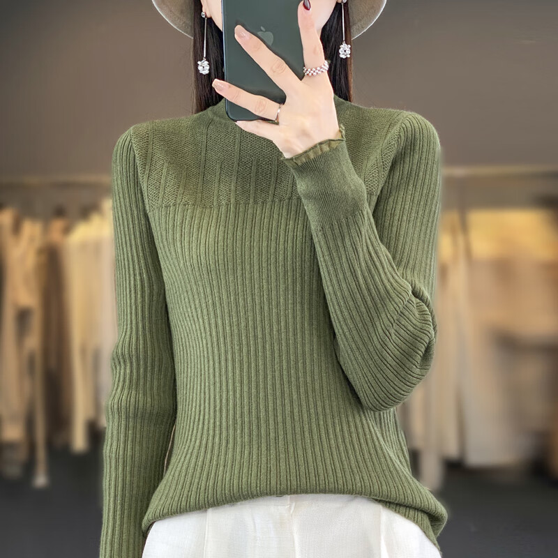 香影纯2025秋冬新款荷叶蕾丝花边半高领打底衫女长袖修身洋气内搭毛衣女 米色 S (建议95斤以内)