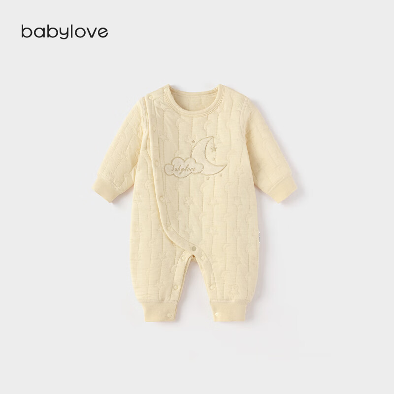 娃愛的蓓蓓babylove嬰兒連體衣秋冬夾棉男女寶寶哈衣爬爬服刺繡幼童保暖衣服 乳黃 59cm