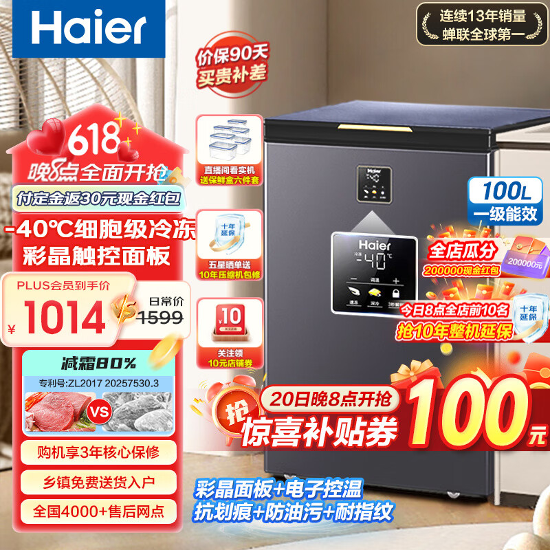 海尔（Haier）冰柜家用 小型零下40℃超低温卧式小冰柜保鲜冷藏柜 深冷速冻一级节能自动减霜茶叶母乳海鲜冻藏柜 -40℃超低温+深冷速冻+自动减霜| 100L