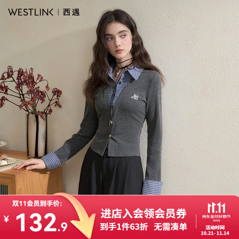 西遇学院假两件格纹拼接POLO领衬衫T恤女2025秋季百搭通勤针织衫 灰色 M/L/XL预售15天发货 M (160)