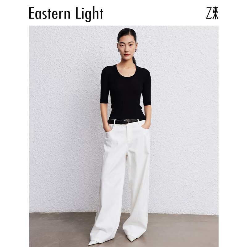 乙来(EASTERN LIGHT)【100%超细美利奴羊毛】高奢短袖打底针织衫女上衣秋季新款 优雅黑 M