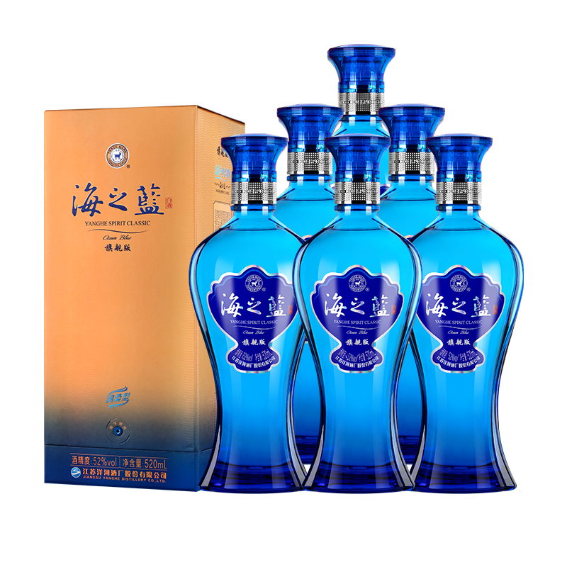 洋河【外包装破损】海之蓝 蓝色经典 绵柔浓香型白酒 自饮推荐 52度 520mL 6瓶 默认光瓶(外包装破损)