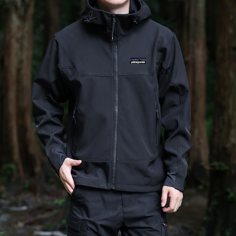 巴塔哥尼亞（Patagonia）男士軟殼沖鋒衣加絨保暖秋冬季防風防水搖粒絨夾克連帽抓絨衣外套 黑色 2XL