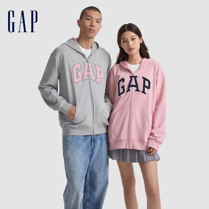 GAP男女装字母logo拉链连帽法式毛圈卫衣外套611720 灰色 XL (180/100A) 亚洲尺码