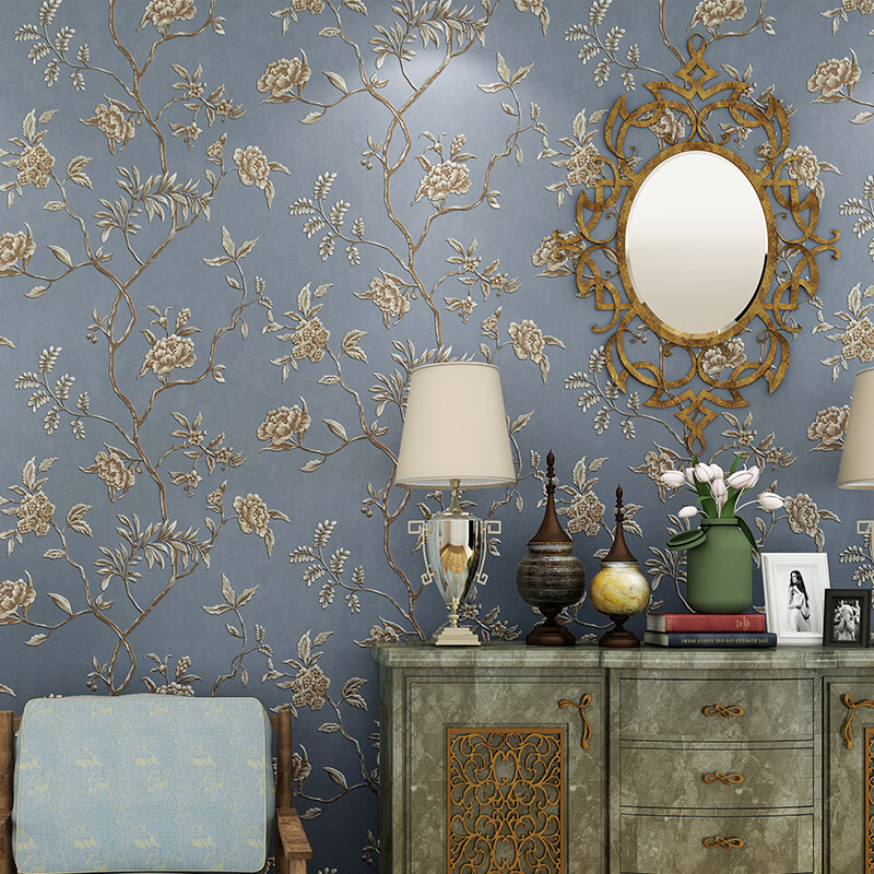 dzq欧式复古3d立体碎花无纺布美式乡村田园墙纸客厅背景卧室壁纸红色