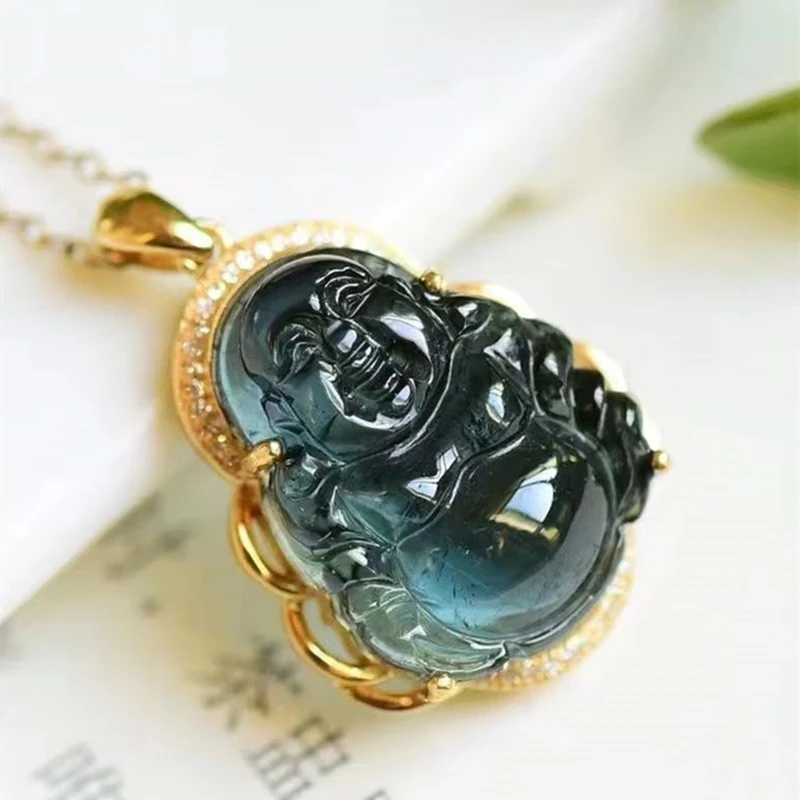 寻然巴西 蓝碧玺佛公吊坠,宝石蓝,颜色艳丽 晶体通透,真金真钻镶嵌