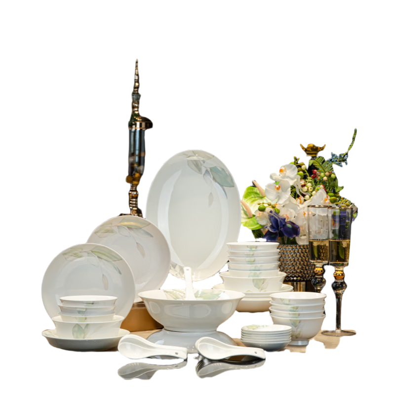 贛藝碗碟套裝景德鎮(zhèn)餐具套裝禮盒裝陶瓷喬遷68頭朵花春之意湯碗配置