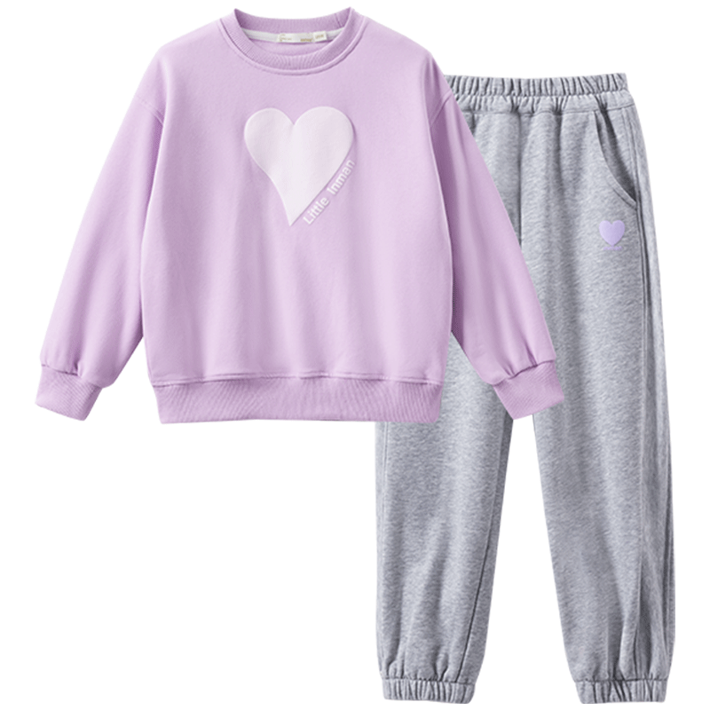 茵曼（INMAN）女童套装25春装新款中大时尚印花大爱心休闲上衣卫裤两件套 紫色 130