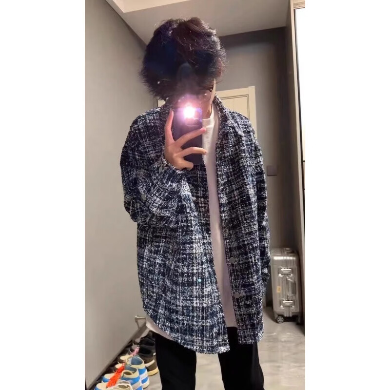 迪伽达秋冬季外套时尚百搭设计感小香风编织夹克男美式复古格子长袖上衣 W1042蓝色 L 【100-120斤】