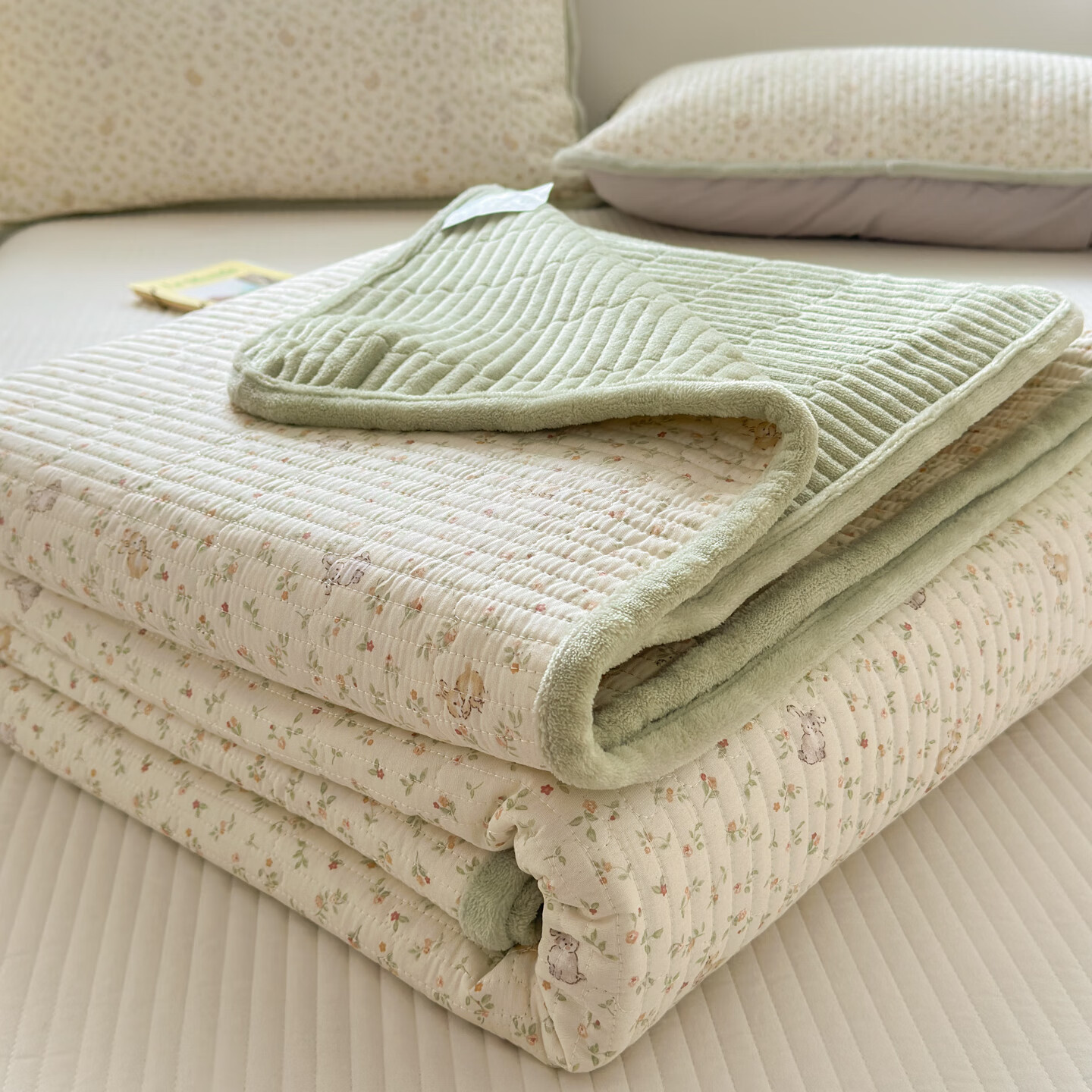 苏萱一面全棉一面加绒床盖单件冬季加厚双面可用牛奶绒纯棉榻榻米床单 花园小兔 225x250cm床盖+枕套一对