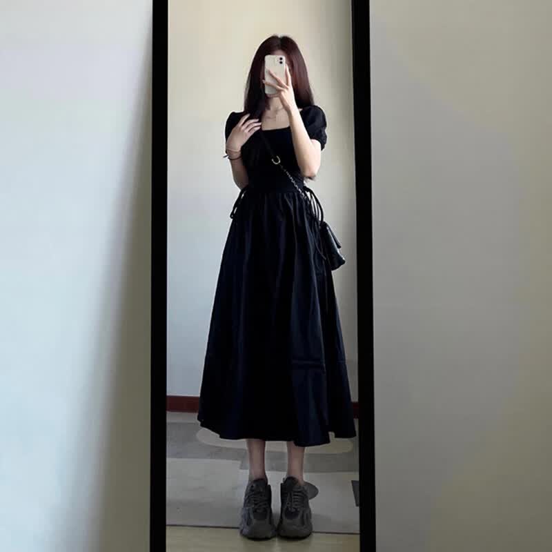 GARNUO法式方领赫本风黑色连衣裙女夏季小个子高级感裙子收腰小黑裙长裙 黑色 M 【106-120斤】