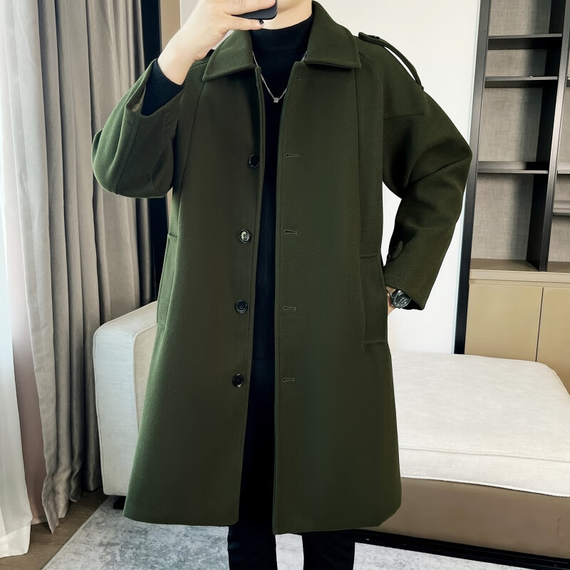 列迅秋冬季毛呢大衣男士中长款青年军绿色风衣英伦风潮流宽松呢子外套 军绿色 M