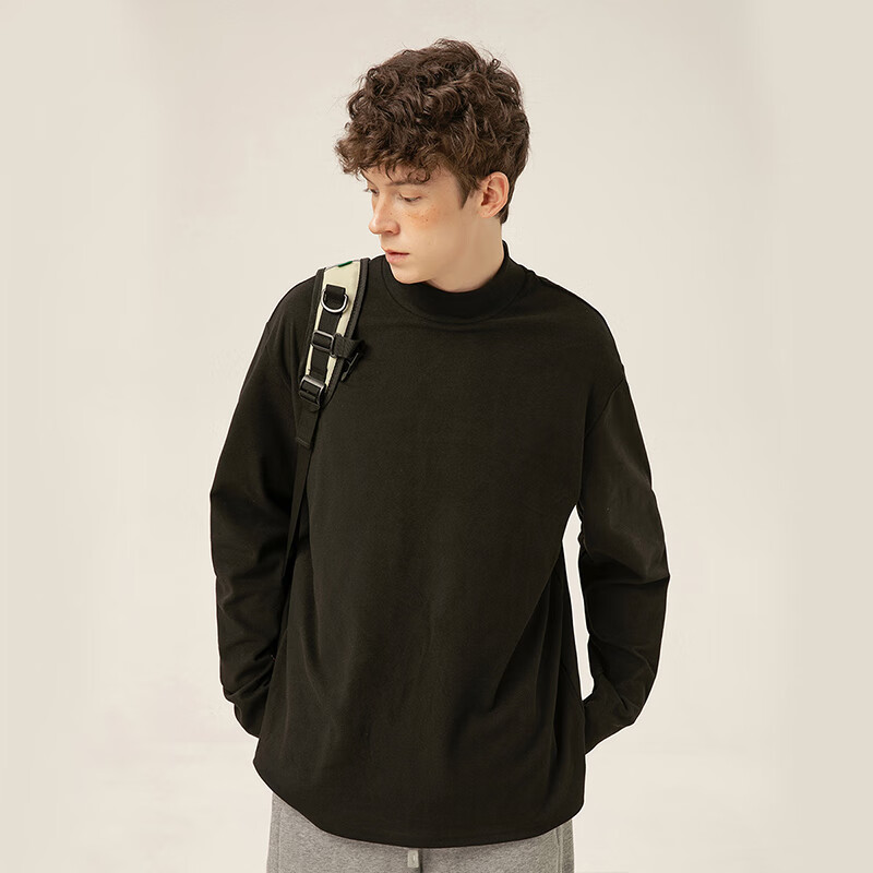 黑鲸海澜之家旗下潮牌半高领打底衫男冬季加绒保暖内搭t恤 黑色 XL